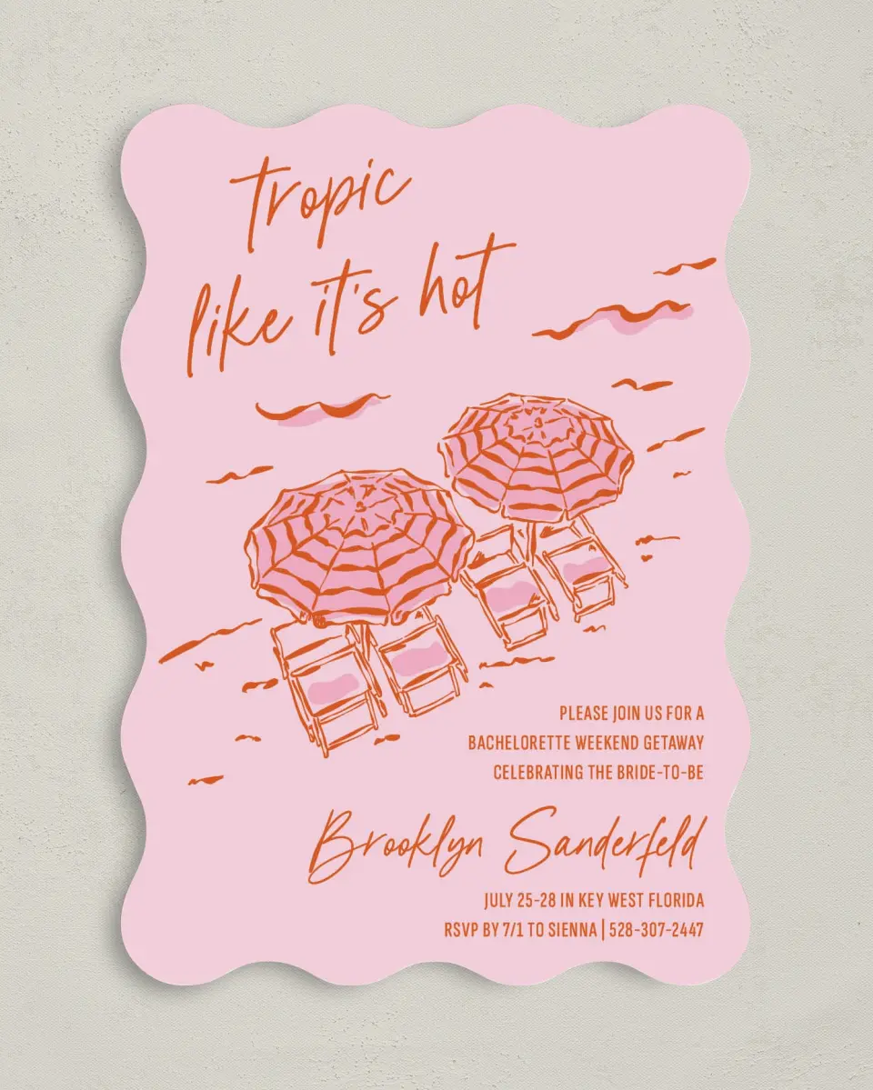 This is a 5" x 7" Bachelorette Party Invitation called Tropic Like It's Hot printed in full color on Premium Smooth paper