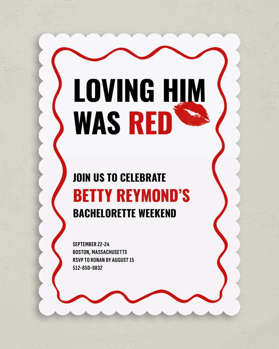 This is a 5" x 7" Bachelorette Party Invitation called Loving Him Was Red printed in full color on Premium Smooth paper