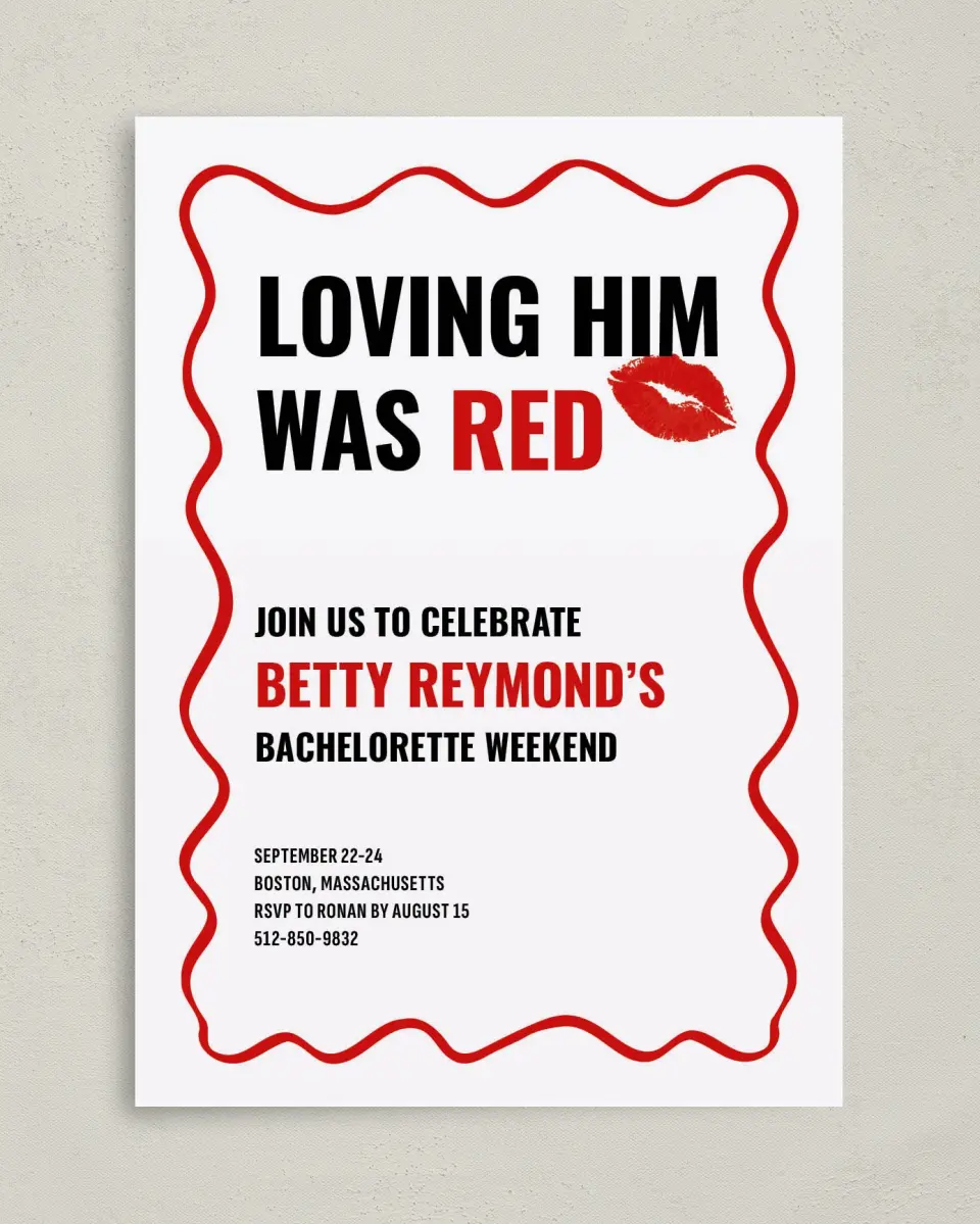 This is a 5" x 7" Bachelorette Party Invitation called Loving Him Was Red printed in full color on Premium Smooth paper
