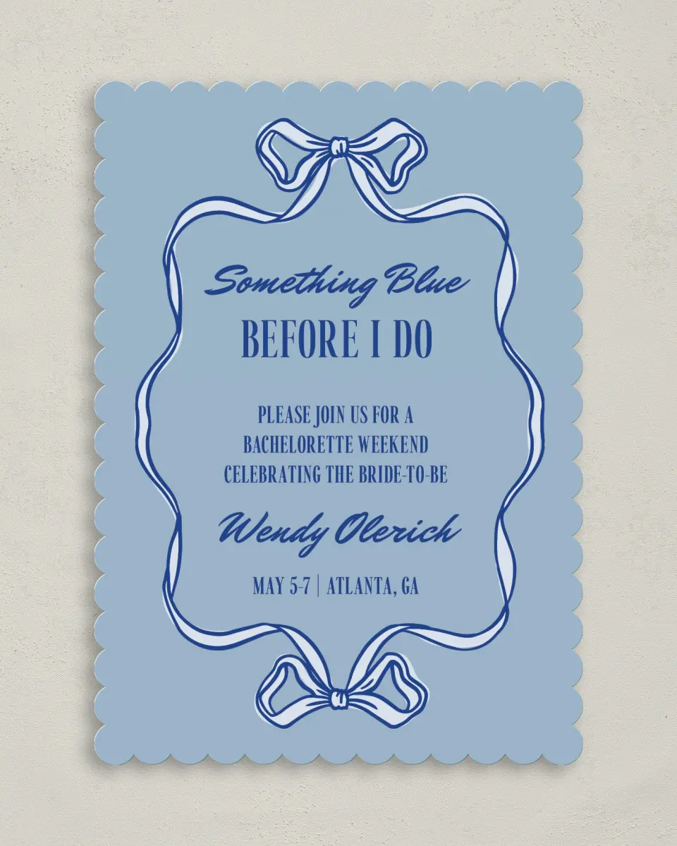 This is a 5" x 7" Bachelorette Party Invitation called Something Blue Before I Do printed in full color on Premium Smooth paper