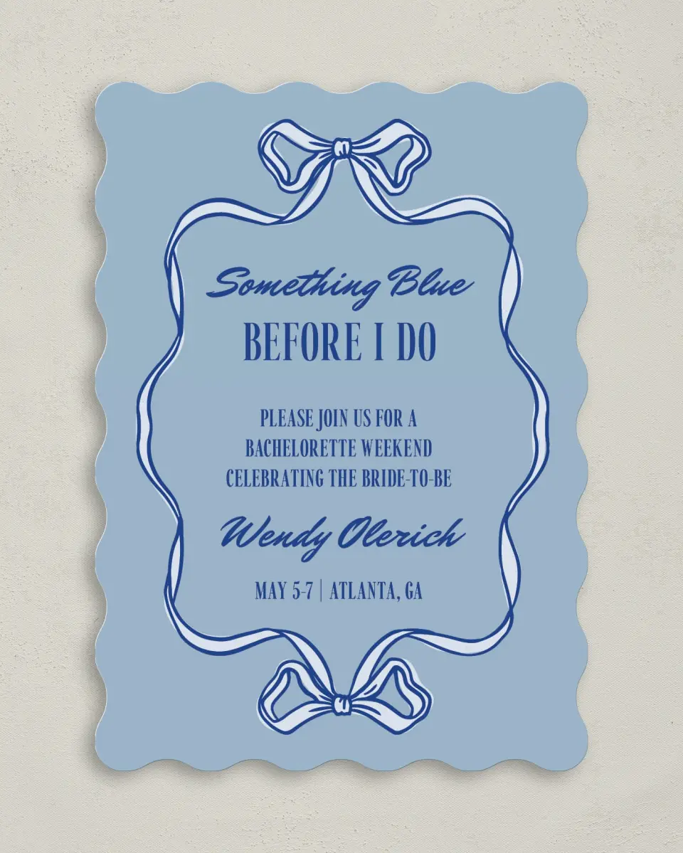 This is a 5" x 7" Bachelorette Party Invitation called Something Blue Before I Do printed in full color on Premium Smooth paper