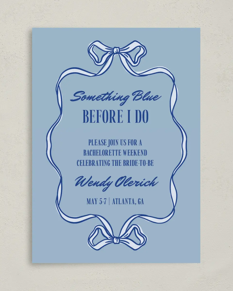 This is a 5" x 7" Bachelorette Party Invitation called Something Blue Before I Do printed in full color on Premium Smooth paper