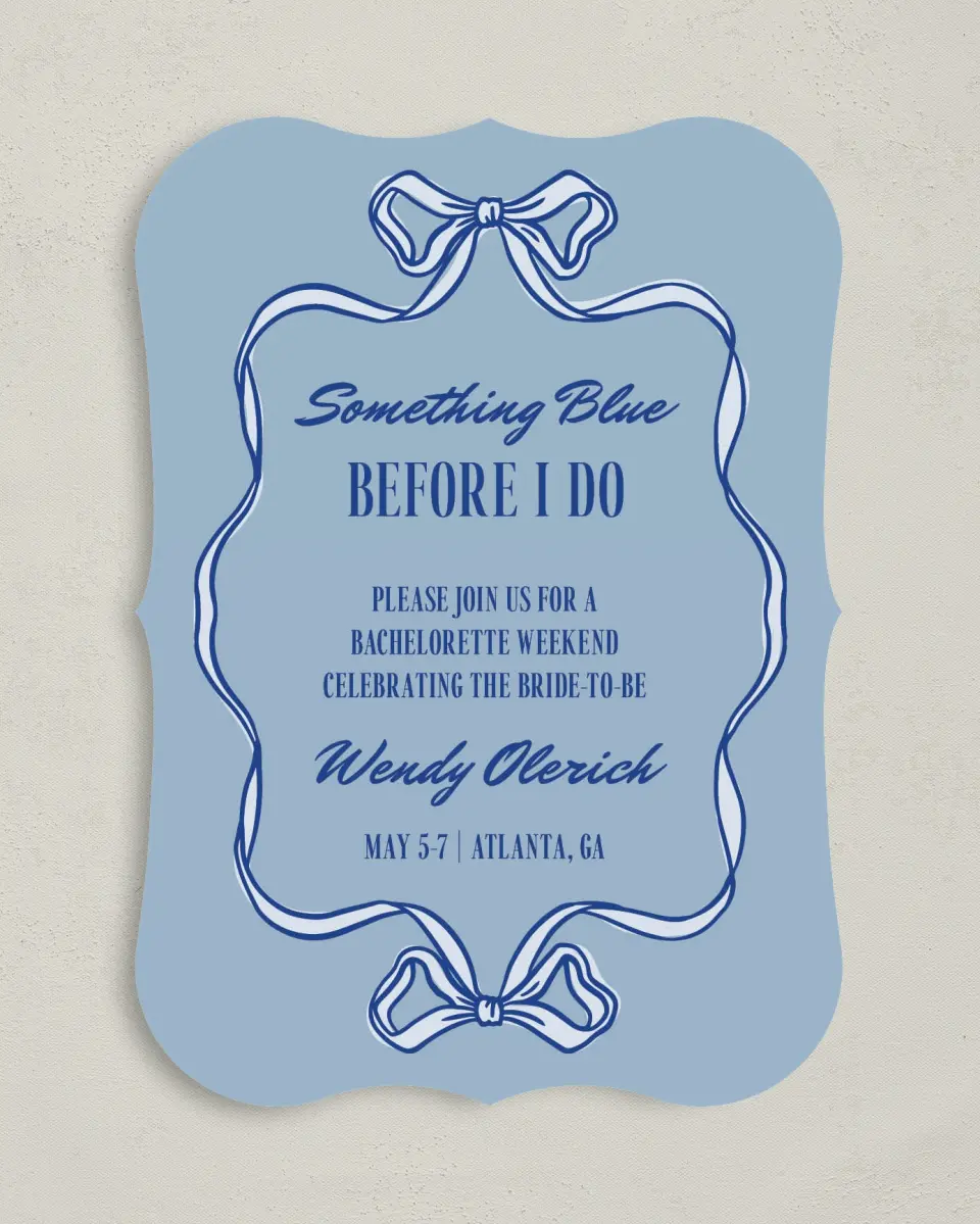 This is a 5" x 7" Bachelorette Party Invitation called Something Blue Before I Do printed in full color on Premium Smooth paper