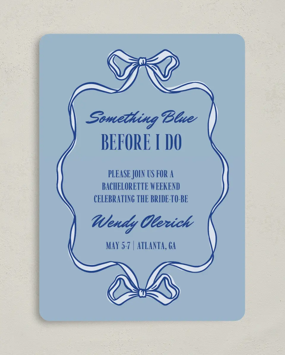 This is a 5" x 7" Bachelorette Party Invitation called Something Blue Before I Do printed in full color on Premium Smooth paper