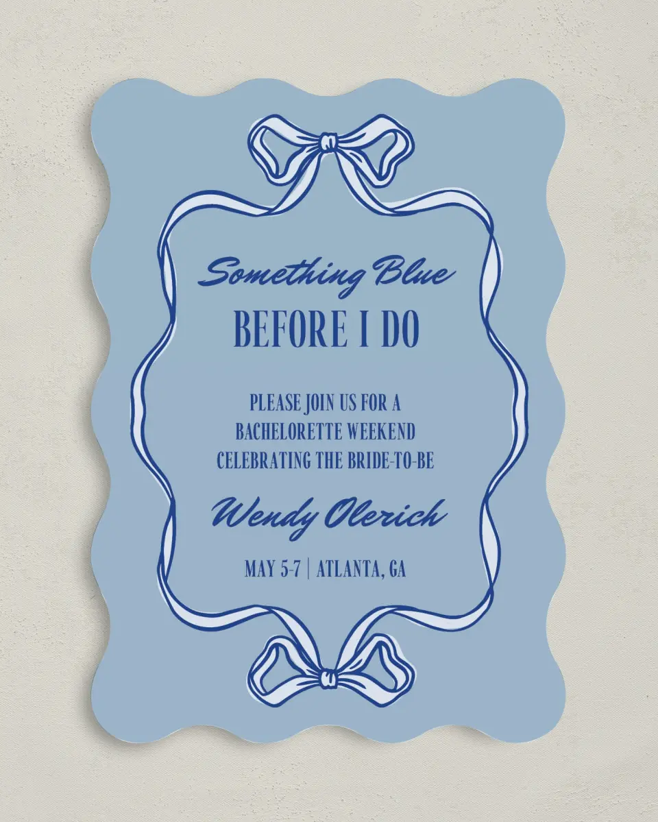 This is a 5" x 7" Bachelorette Party Invitation called Something Blue Before I Do printed in full color on Premium Smooth paper