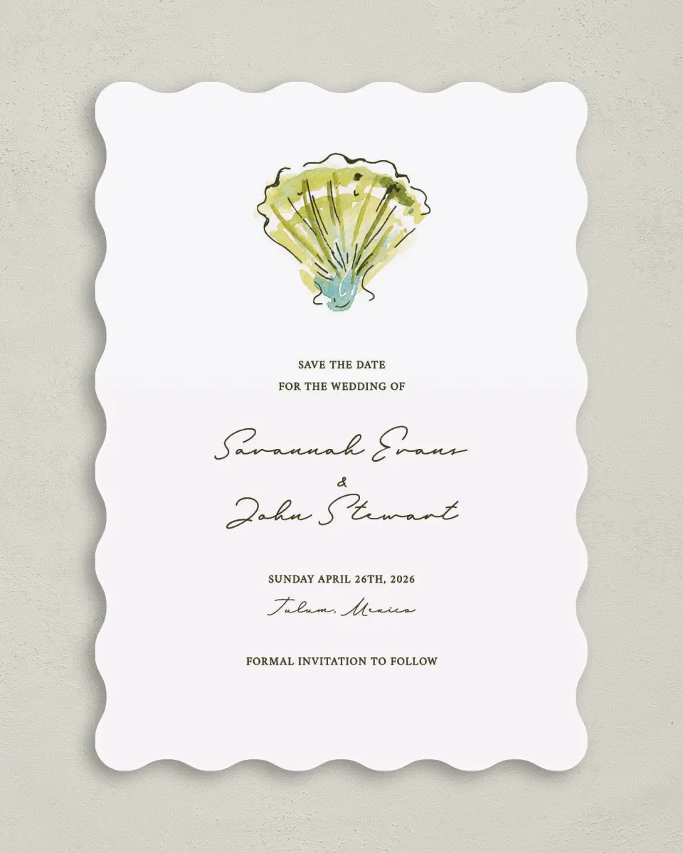 This is a 5" x 7" Save the Date Card called Whimsical Shells printed in full color with Rose Gold foil on Luxe Satin (coated) paper
