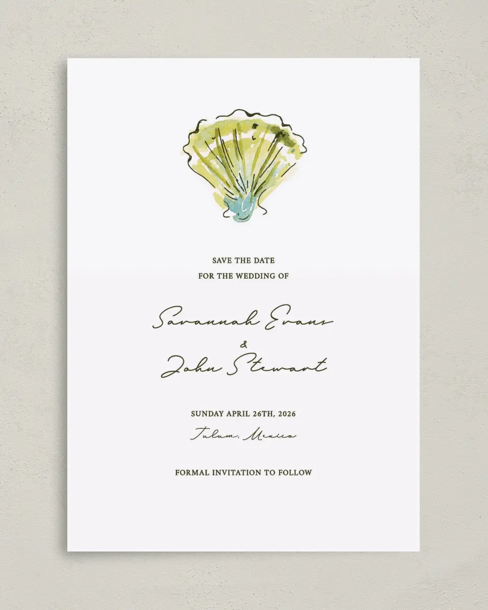This is a 5" x 7" Save the Date Card called Whimsical Shells printed in full color on Premium Smooth paper