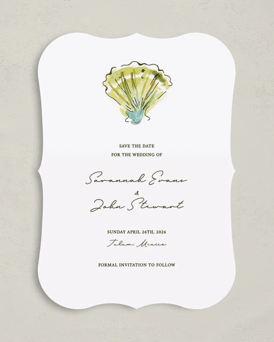 This is a 5" x 7" Save the Date Card called Whimsical Shells printed in full color on Premium Smooth paper