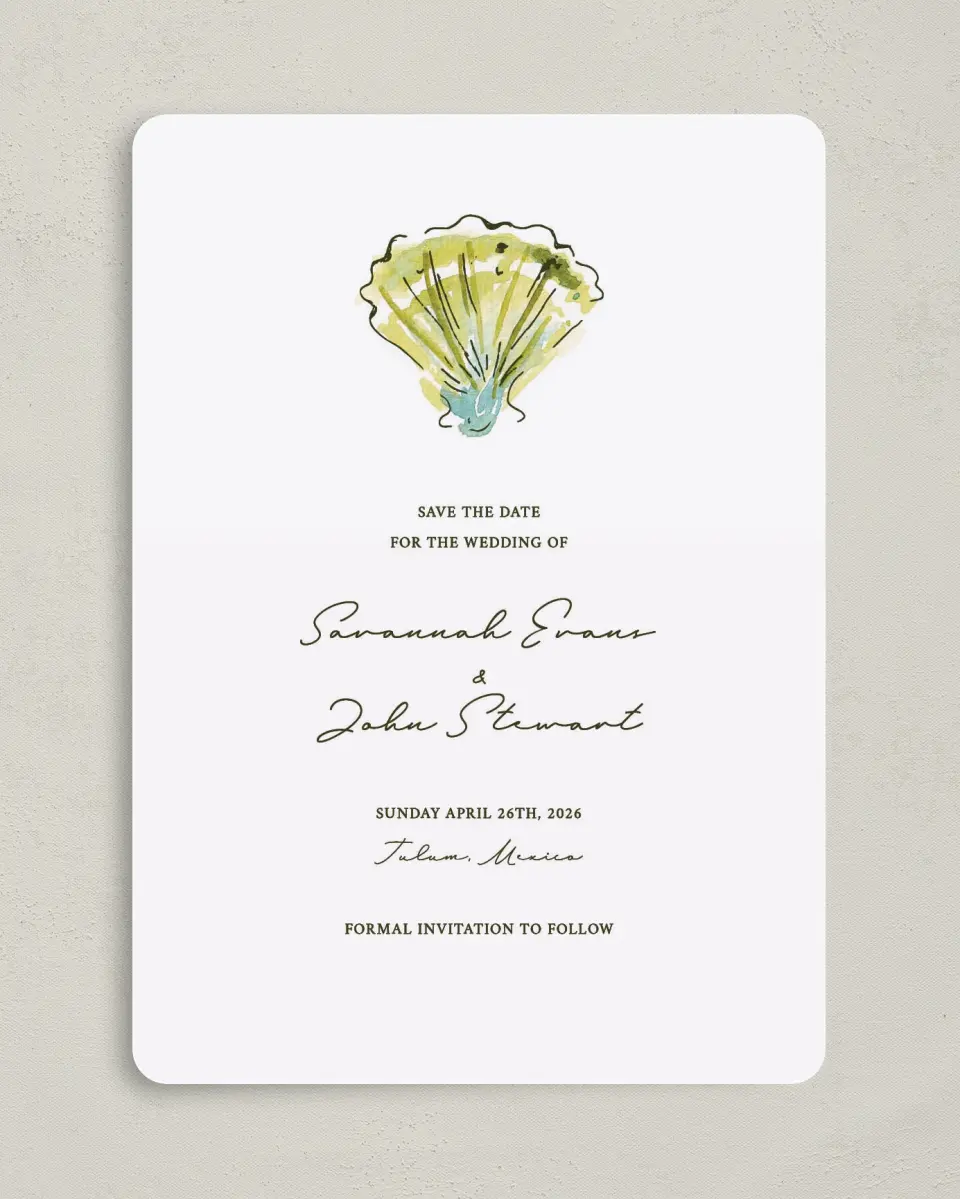 This is a 5" x 7" Save the Date Card called Whimsical Shells printed in full color on Premium Smooth paper