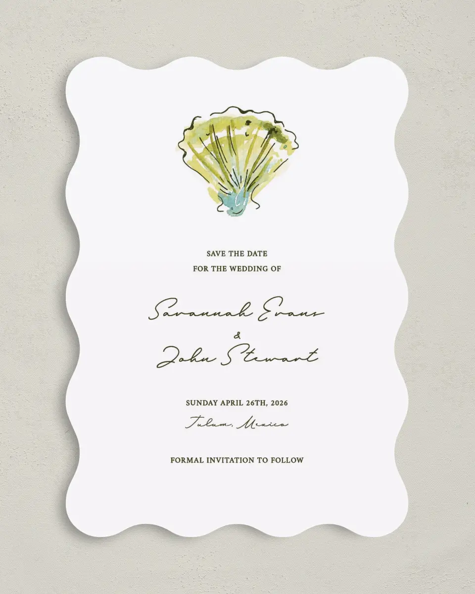 This is a 5" x 7" Save the Date Card called Whimsical Shells printed in full color with Rose Gold foil on Luxe Satin (coated) paper