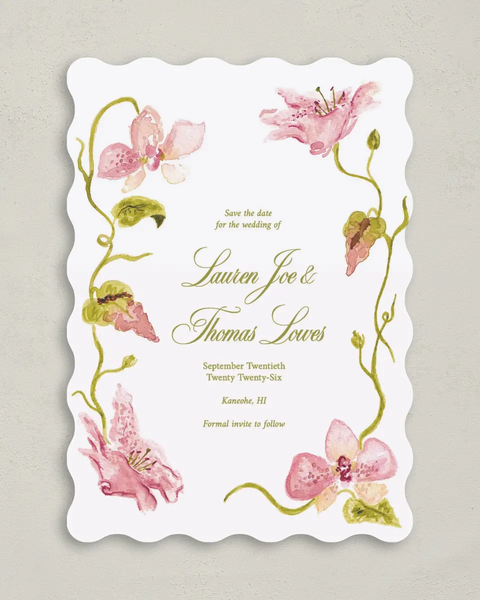 This is a 5" x 7" Save the Date Card called Paradise in Bloom printed in full color on Premium Smooth paper
