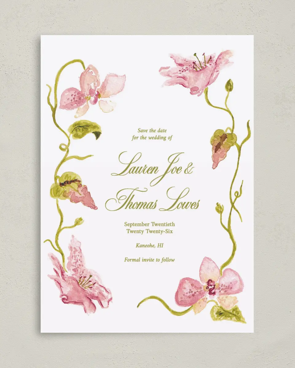 This is a 5" x 7" Save the Date Card called Paradise in Bloom printed in full color on Premium Smooth paper