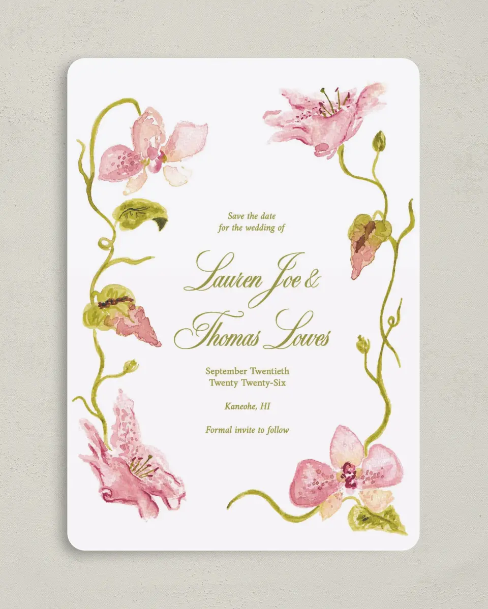 This is a 5" x 7" Save the Date Card called Paradise in Bloom printed in full color on Premium Smooth paper