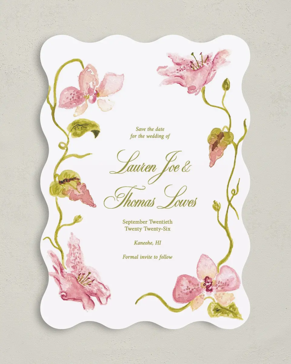 This is a 5" x 7" Save the Date Card called Paradise in Bloom printed in full color on Premium Smooth paper