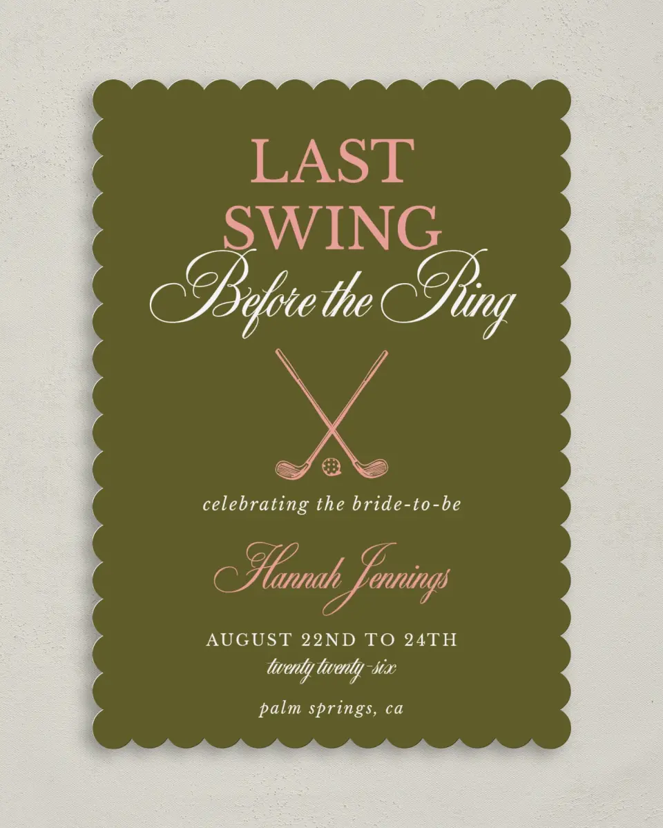 This is a 5" x 7" Bachelorette Party Invitation called Last Swing printed in full color on Premium Smooth paper