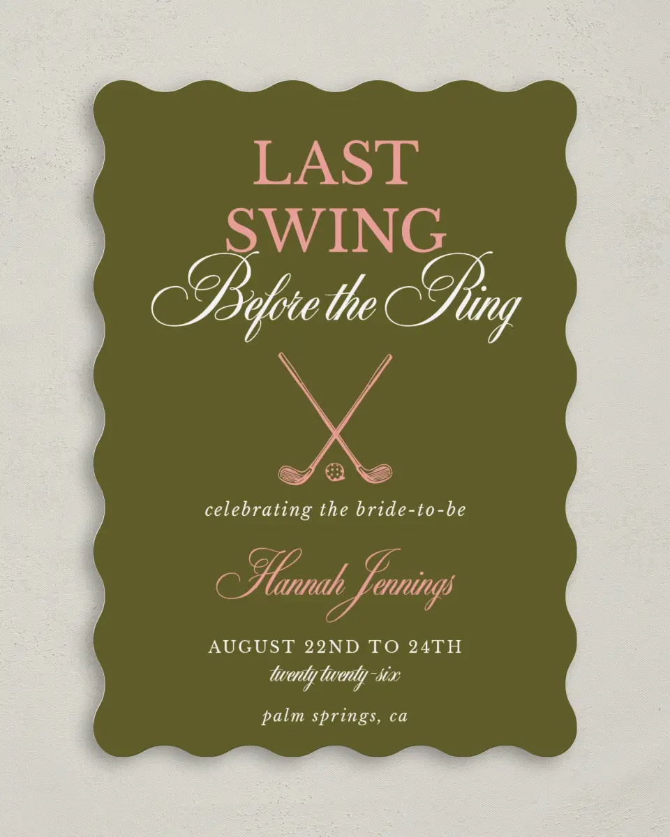 This is a 5" x 7" Bachelorette Party Invitation called Last Swing printed in full color on Premium Smooth paper
