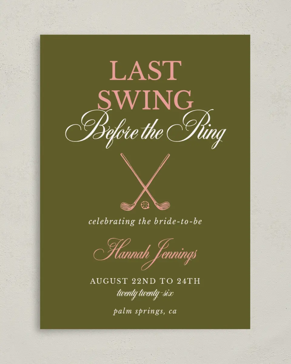 This is a 5" x 7" Bachelorette Party Invitation called Last Swing printed in full color on Premium Smooth paper