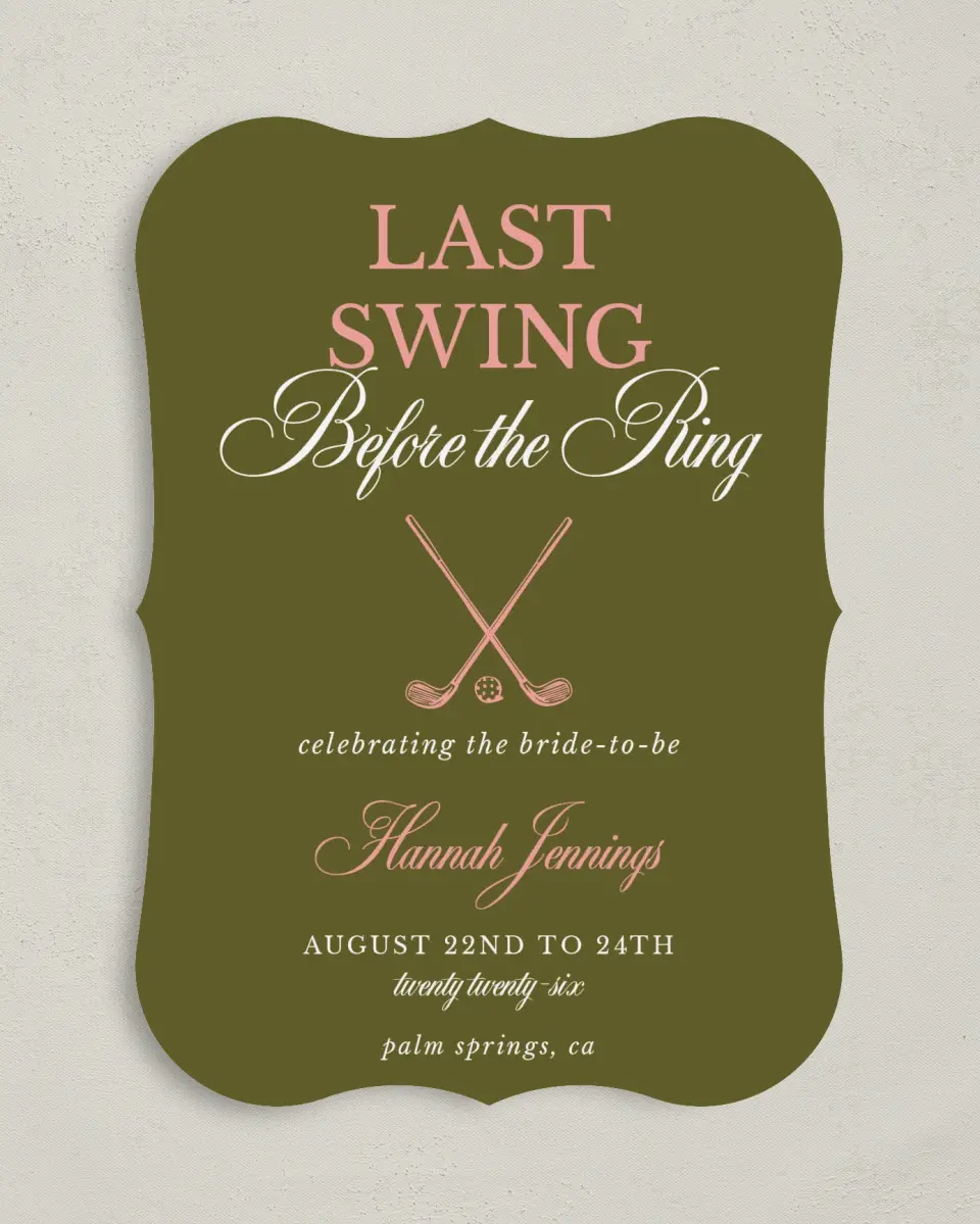 This is a 5" x 7" Bachelorette Party Invitation called Last Swing printed in full color on Premium Smooth paper