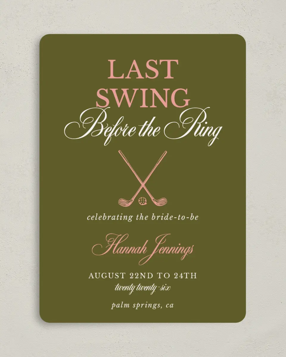 This is a 5" x 7" Bachelorette Party Invitation called Last Swing printed in full color on Premium Smooth paper