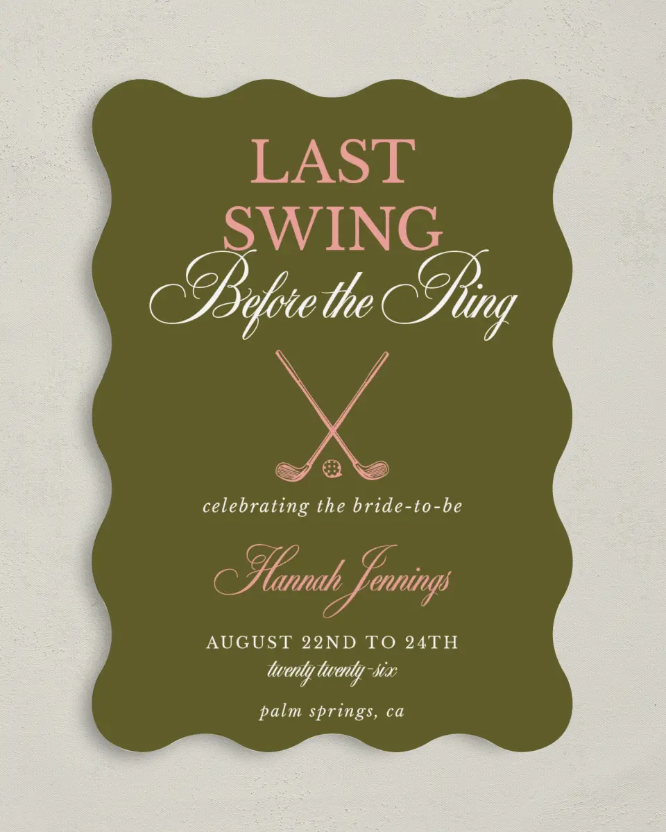 This is a 5" x 7" Bachelorette Party Invitation called Last Swing printed in full color on Premium Smooth paper