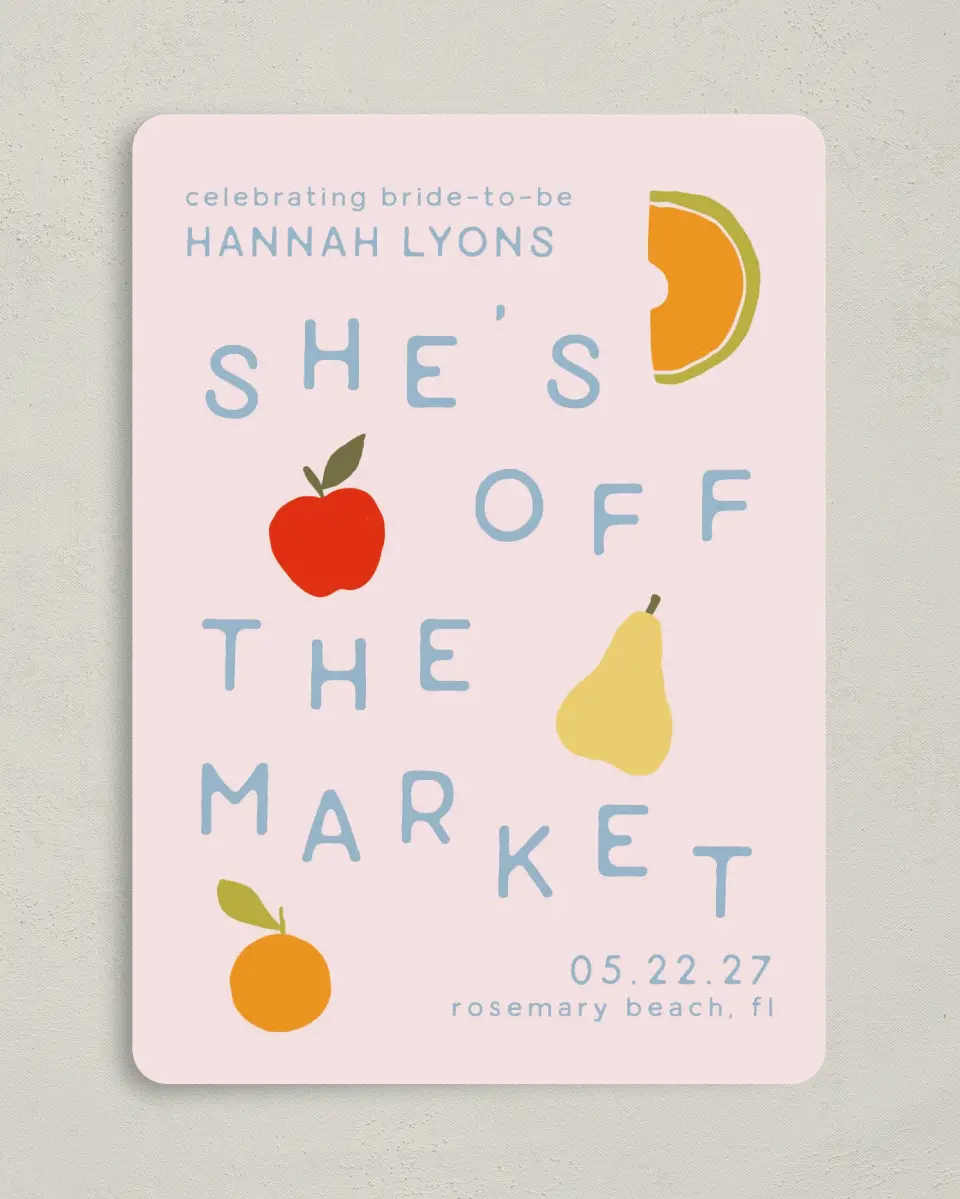 This is a 5" x 7" Bachelorette Party Invitation called She's Off the Market printed in full color on Premium Smooth paper