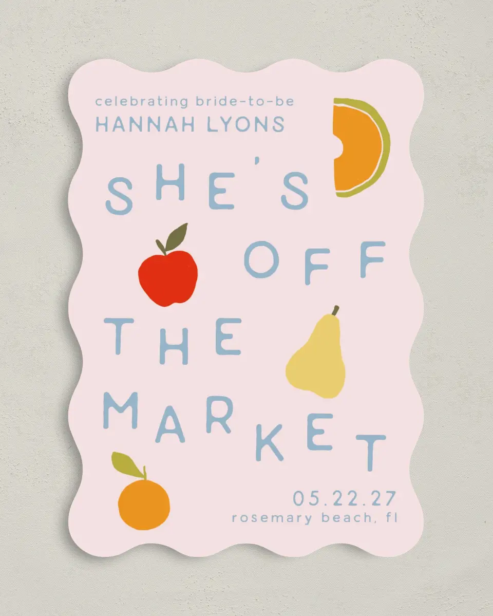 This is a 5" x 7" Bachelorette Party Invitation called She's Off the Market printed in full color on Premium Smooth paper