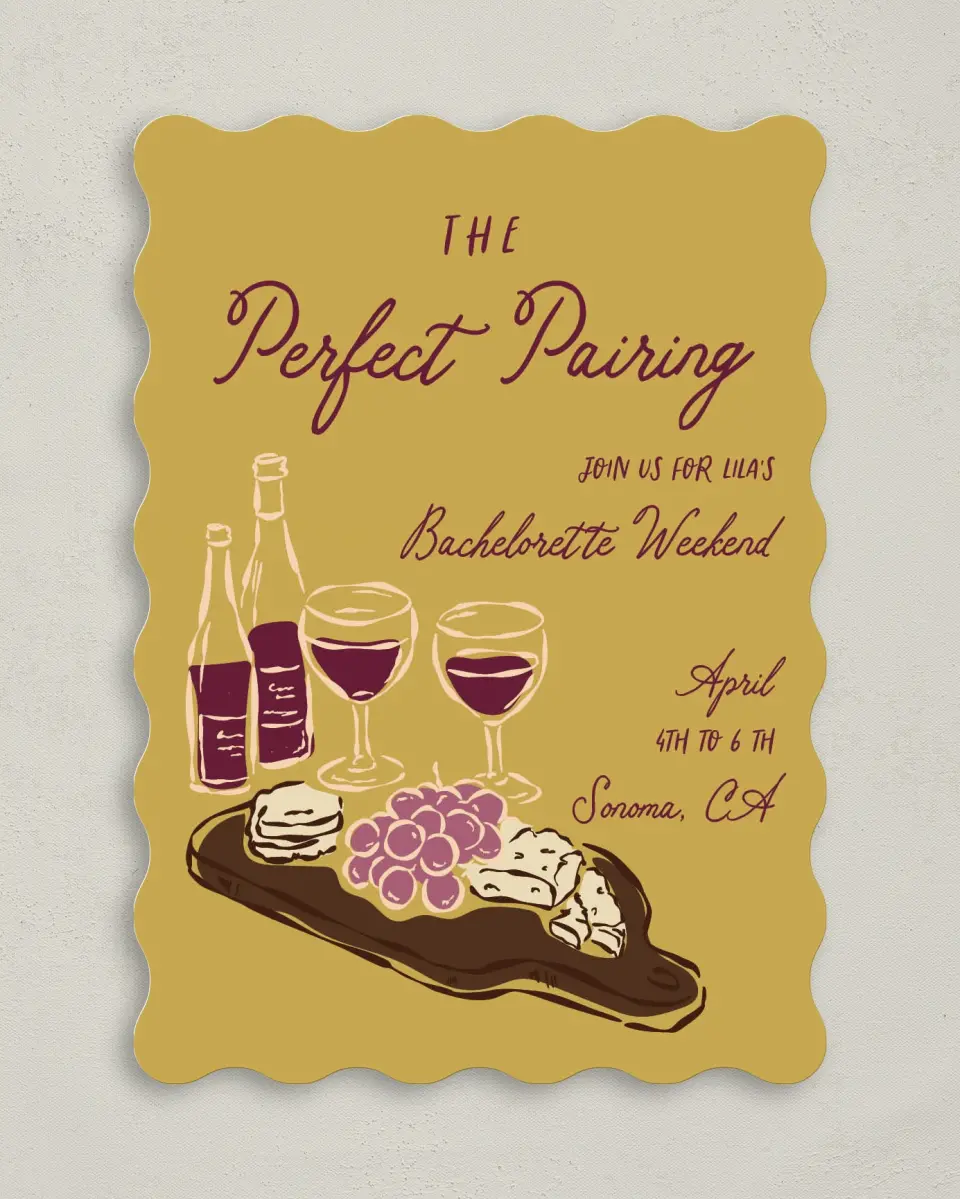 This is a 5" x 7" Bachelorette Party Invitation called The Perfect Pairing printed in full color on Premium Smooth paper