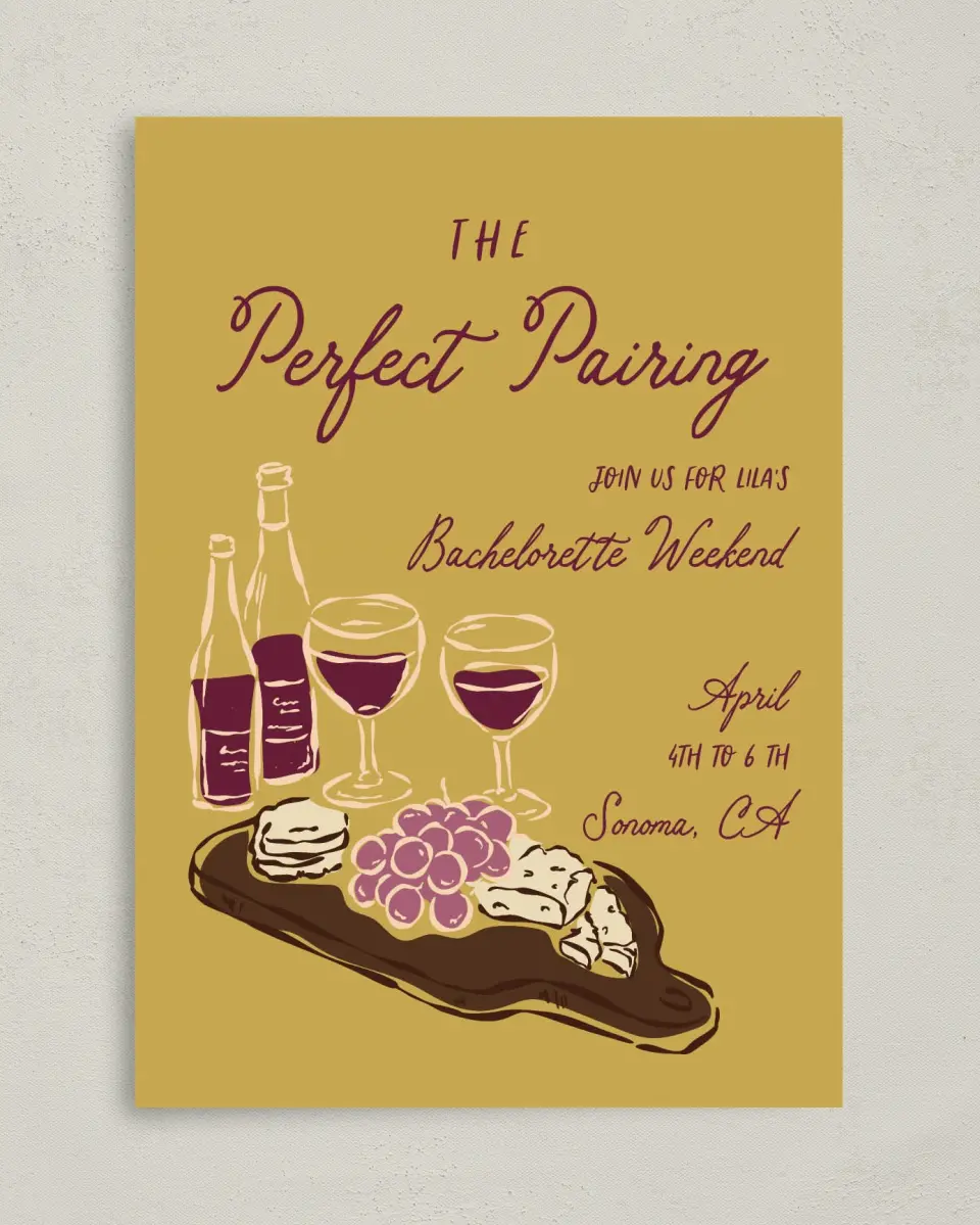 This is a 5" x 7" Bachelorette Party Invitation called The Perfect Pairing printed in full color on Premium Smooth paper