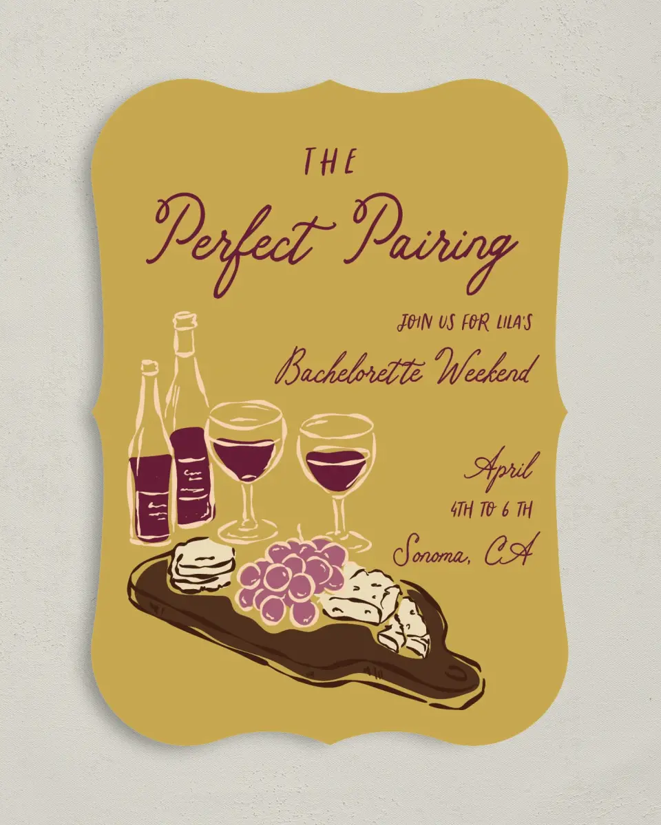 This is a 5" x 7" Bachelorette Party Invitation called The Perfect Pairing printed in full color on Premium Smooth paper