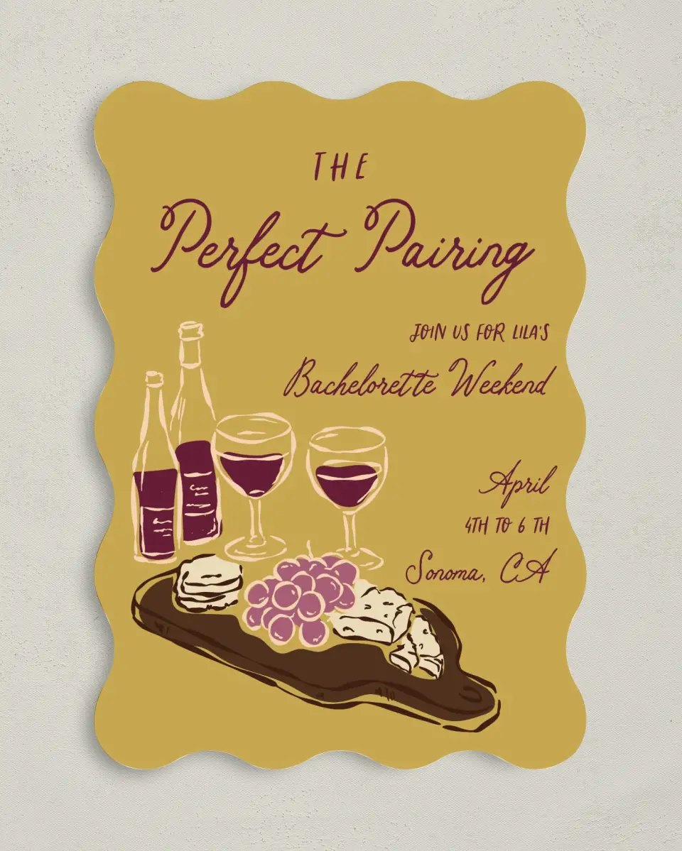 This is a 5" x 7" Bachelorette Party Invitation called The Perfect Pairing printed in full color on Premium Smooth paper
