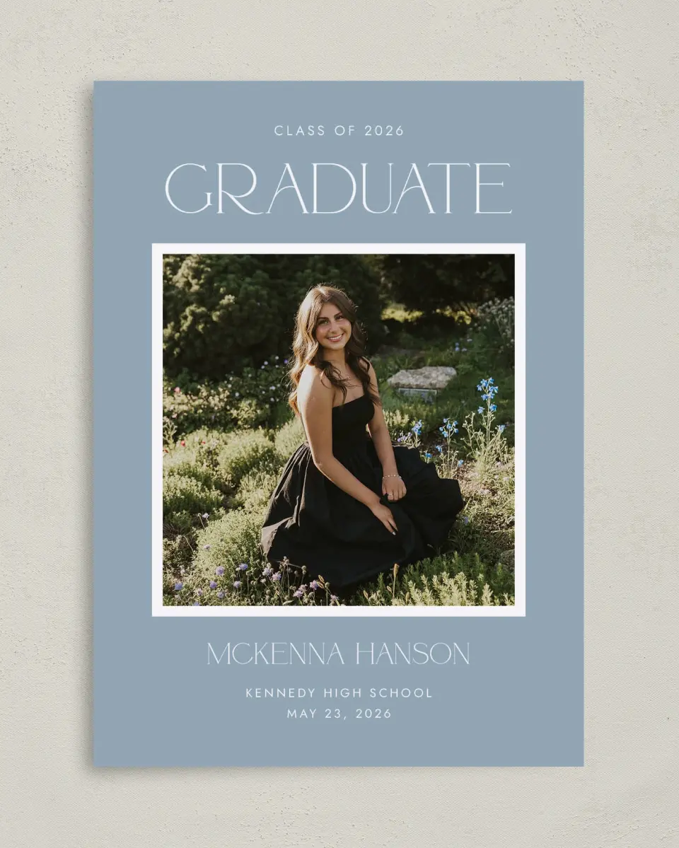 This is a 5" x 7" Graduation Announcement Card called Graceful Grad printed in full color with Gold foil on Premium Smooth paper