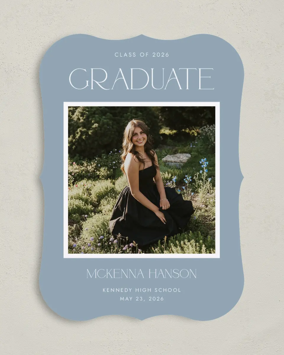 This is a 5" x 7" Graduation Announcement Card called Graceful Grad printed in full color with Gold foil on Premium Smooth paper