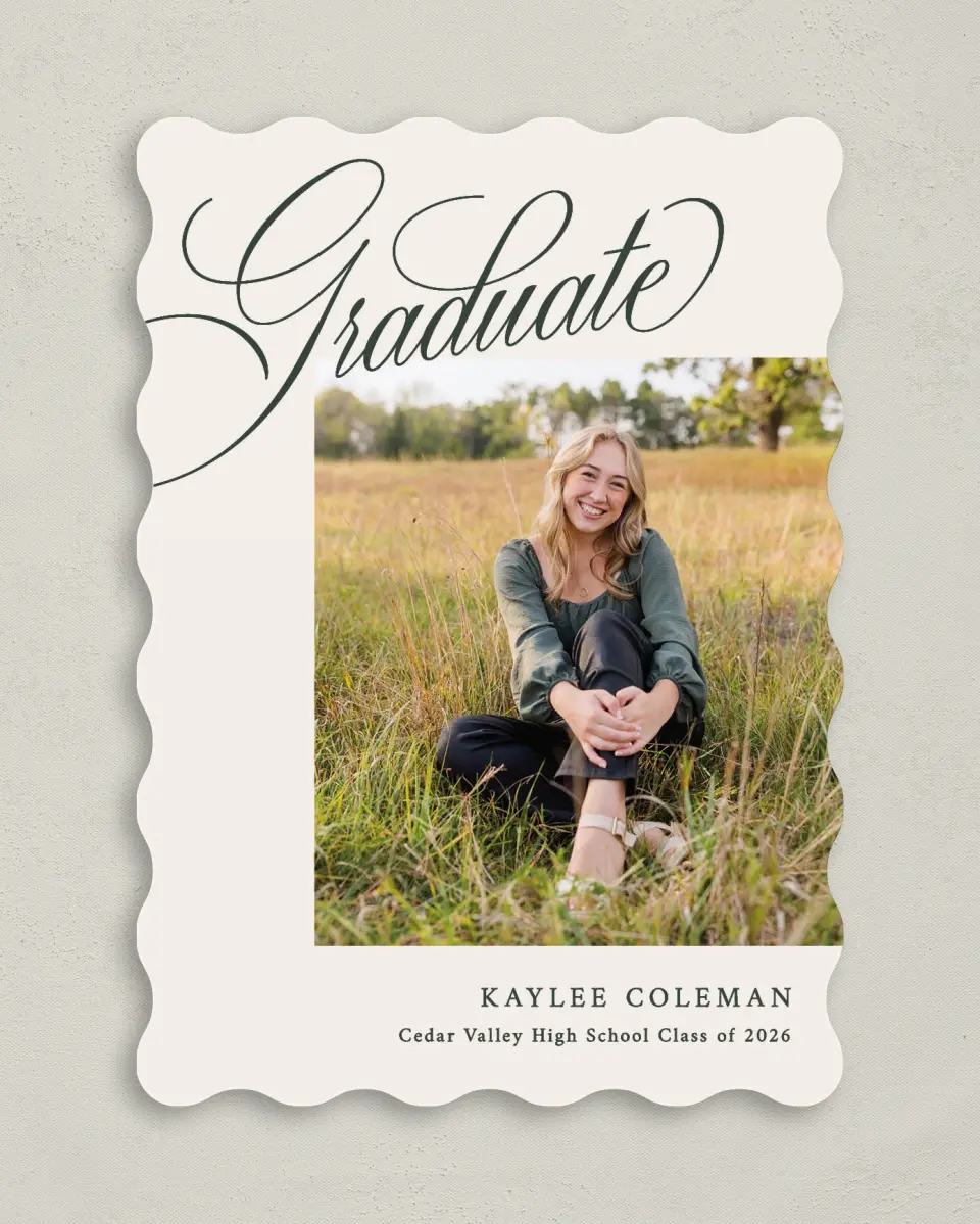 This is a 5" x 7" Graduation Announcement Card called Grand Flourish printed in full color on Premium Smooth paper