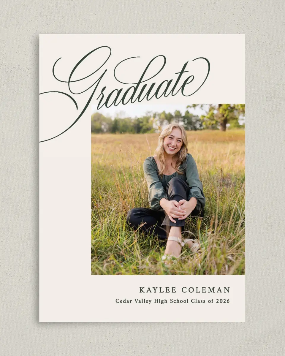 This is a 5" x 7" Graduation Announcement Card called Grand Flourish printed in full color on Premium Smooth paper