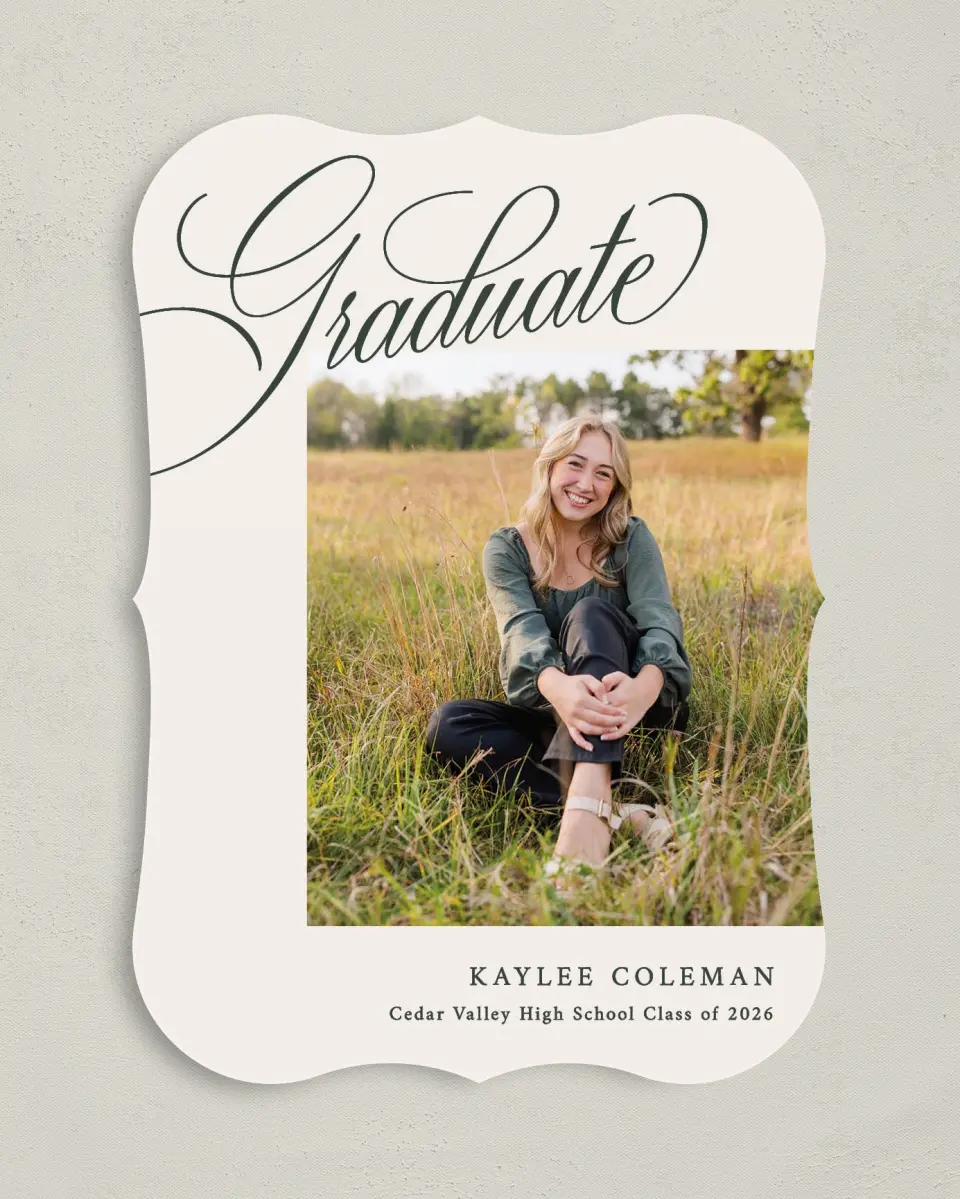 This is a 5" x 7" Graduation Announcement Card called Grand Flourish printed in full color on Premium Smooth paper