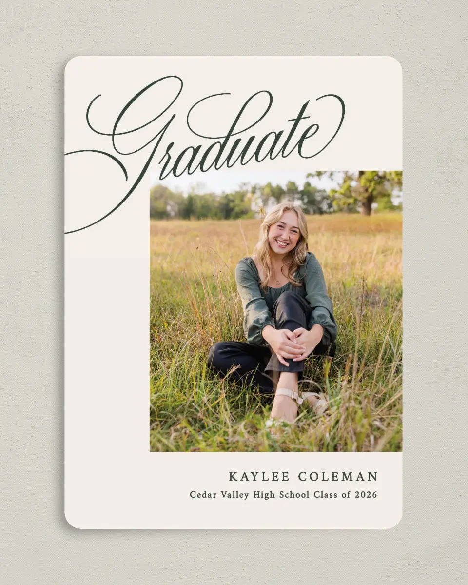 This is a 5" x 7" Graduation Announcement Card called Grand Flourish printed in full color on Premium Smooth paper