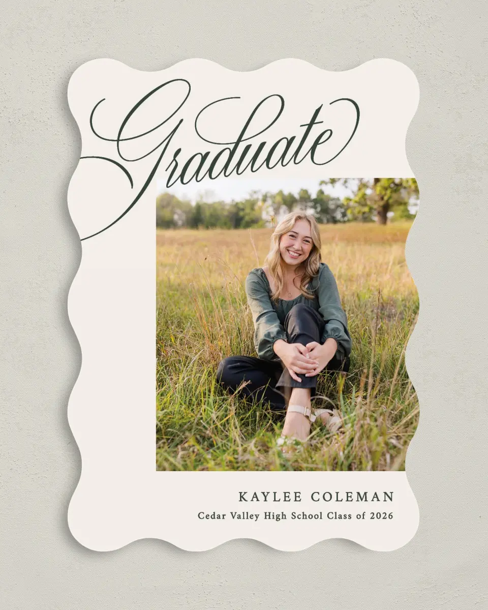 This is a 5" x 7" Graduation Announcement Card called Grand Flourish printed in full color on Premium Smooth paper