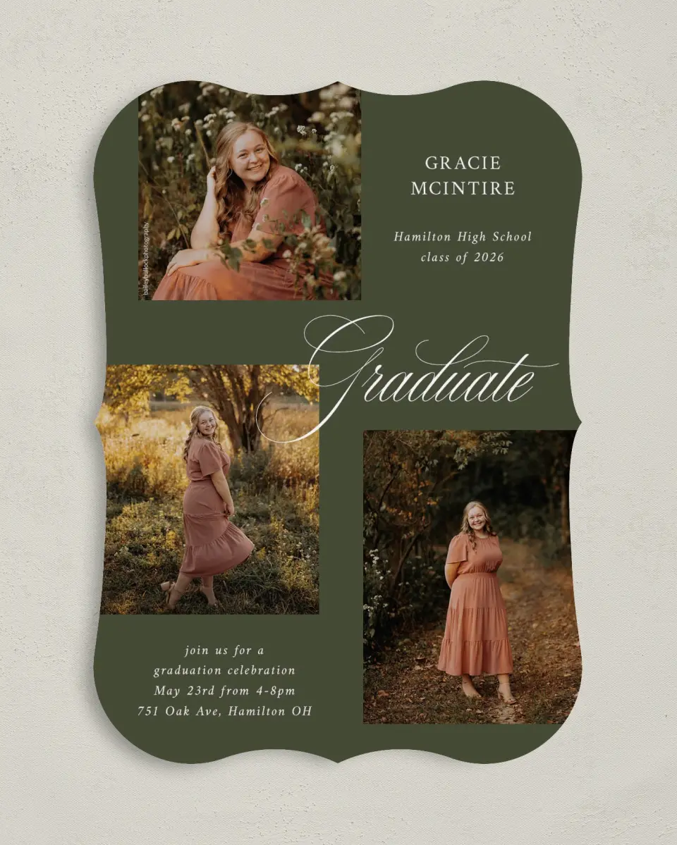 This is a 5" x 7" Graduation Announcement Card called Refined Celebration printed in full color on Premium Smooth paper