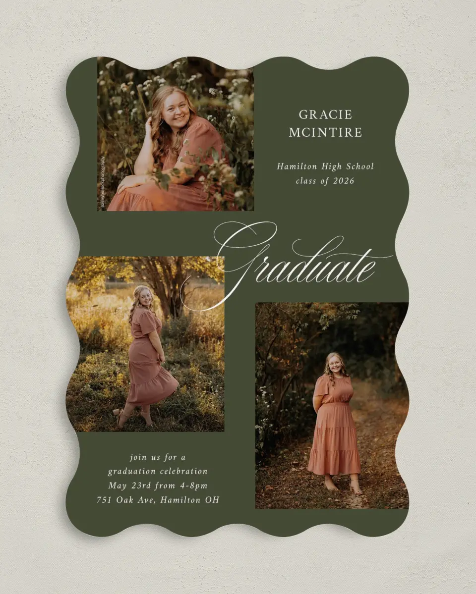 This is a 5" x 7" Graduation Announcement Card called Refined Celebration printed in full color on Premium Smooth paper