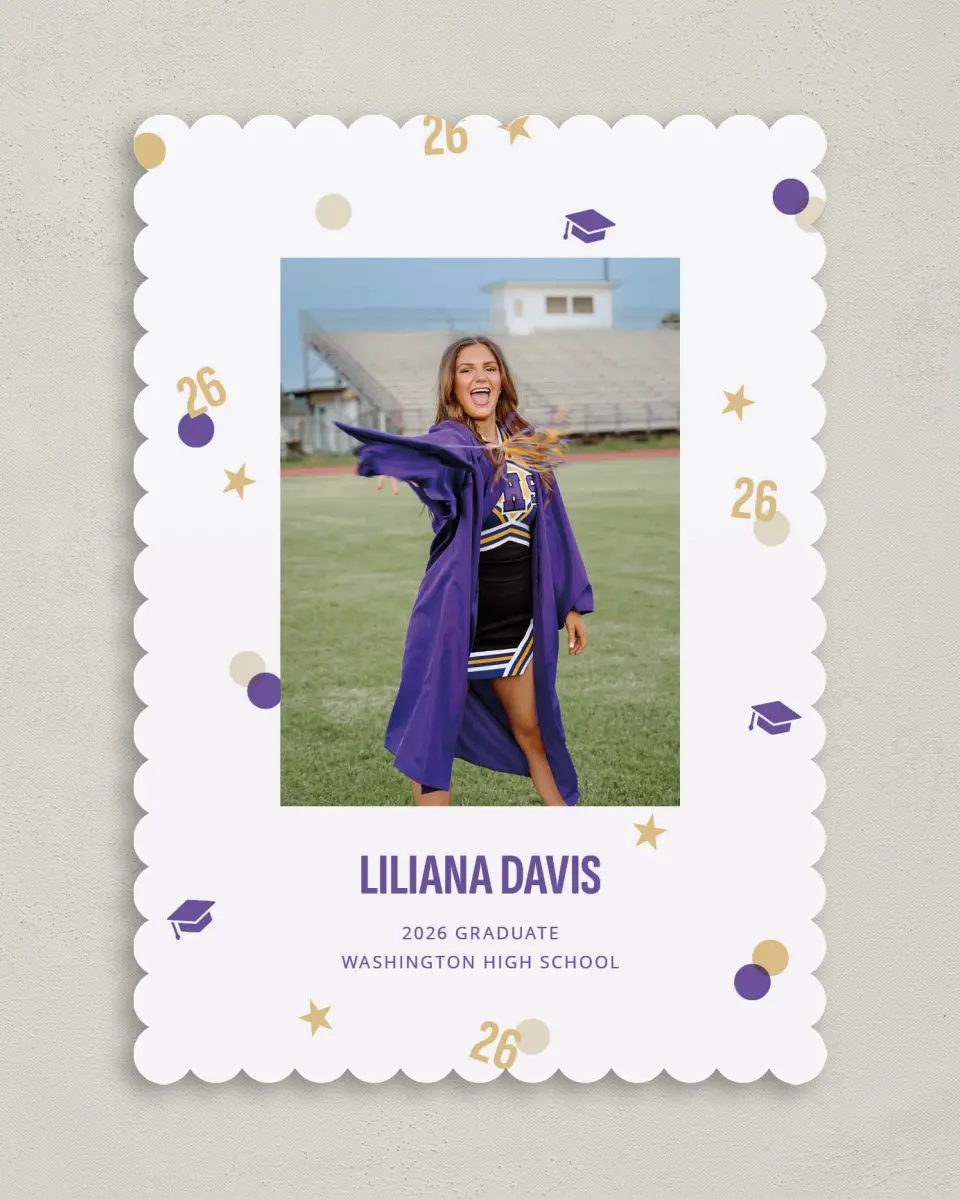 This is a 5" x 7" Graduation Announcement Card called Confetti Toss printed in full color with Gold foil on Premium Smooth paper