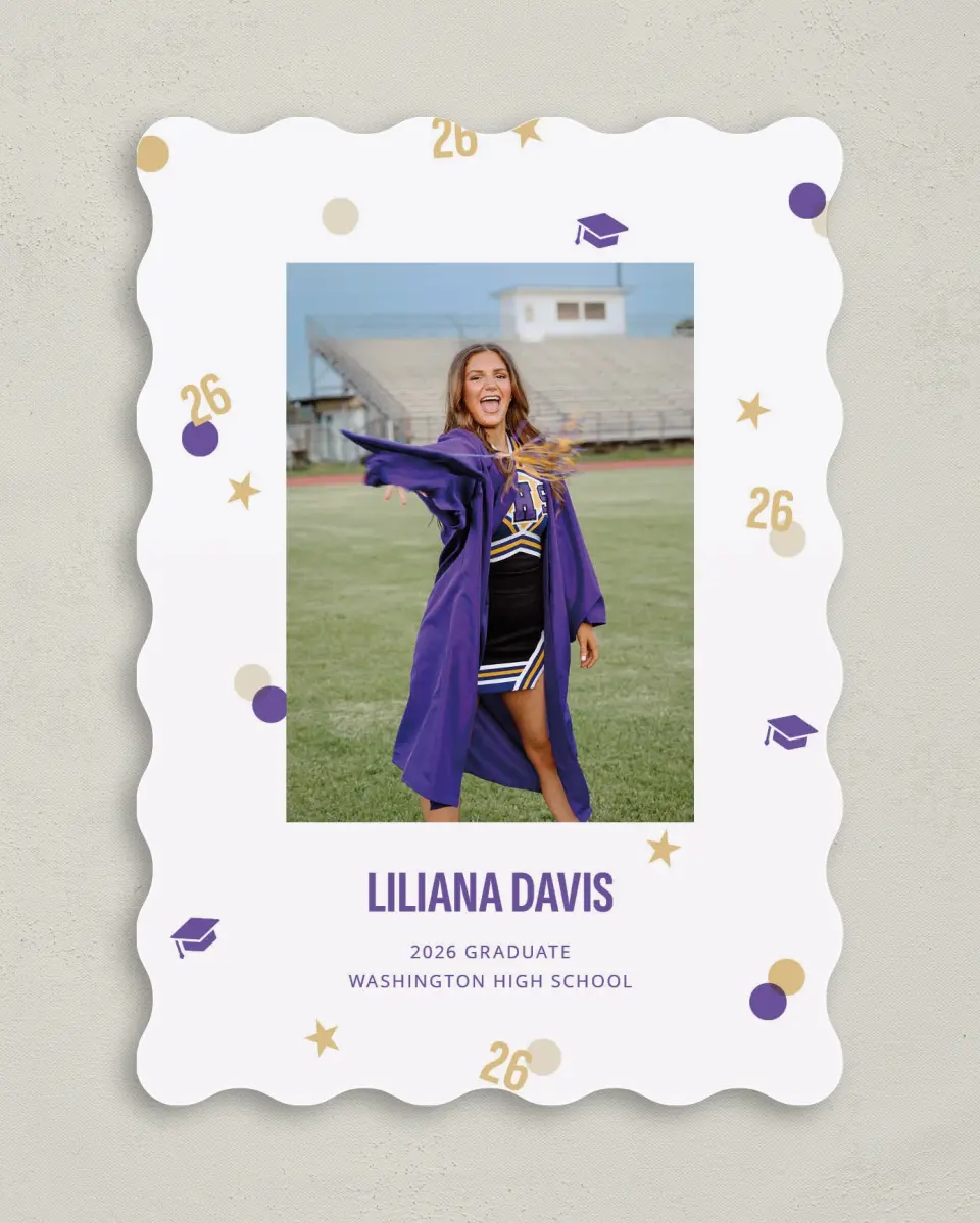 This is a 5" x 7" Graduation Announcement Card called Confetti Toss printed in full color with Gold foil on Premium Smooth paper