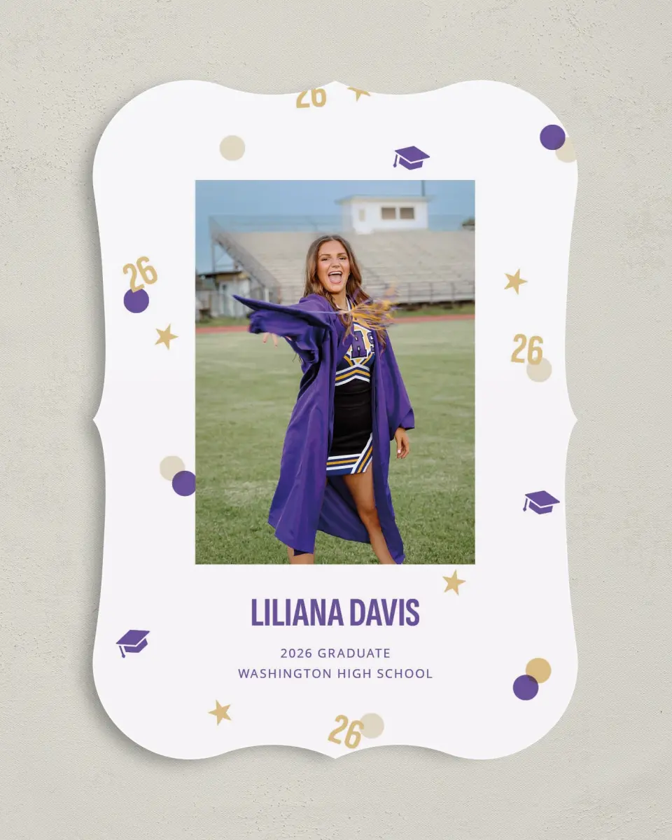 This is a 5" x 7" Graduation Announcement Card called Confetti Toss printed in full color with Gold foil on Premium Smooth paper
