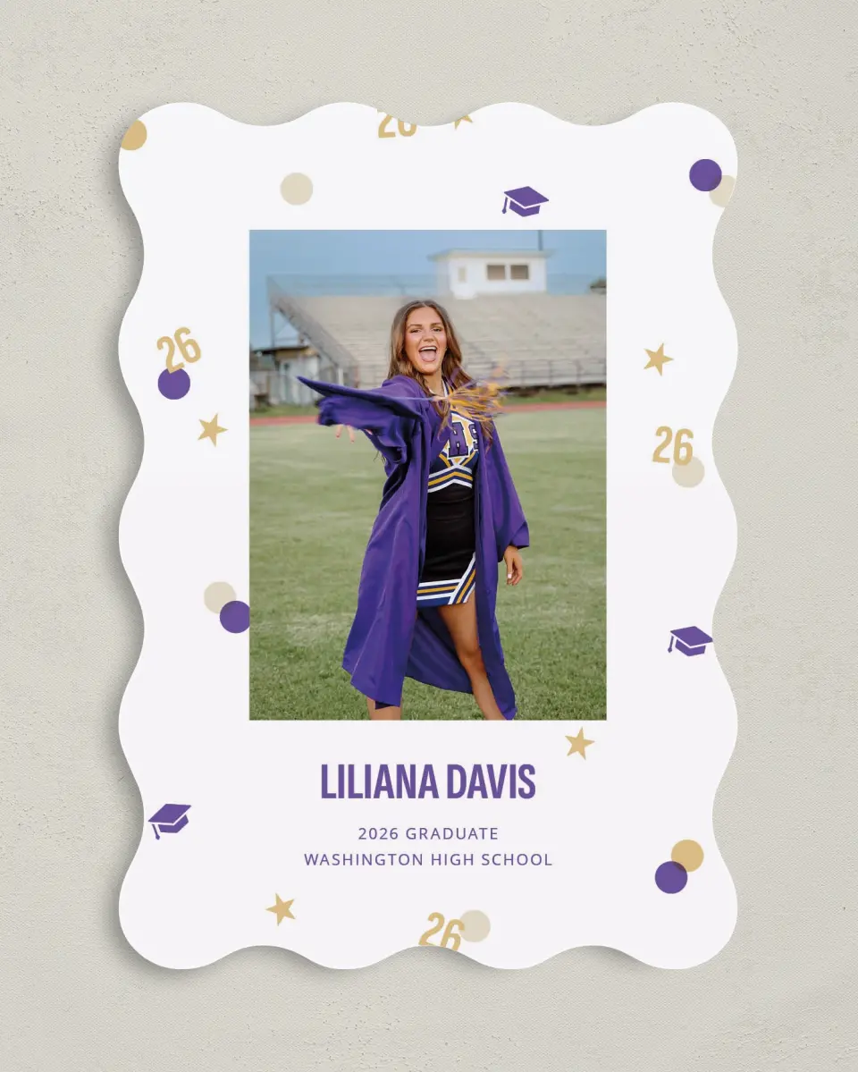 This is a 5" x 7" Graduation Announcement Card called Confetti Toss printed in full color with Gold foil on Premium Smooth paper
