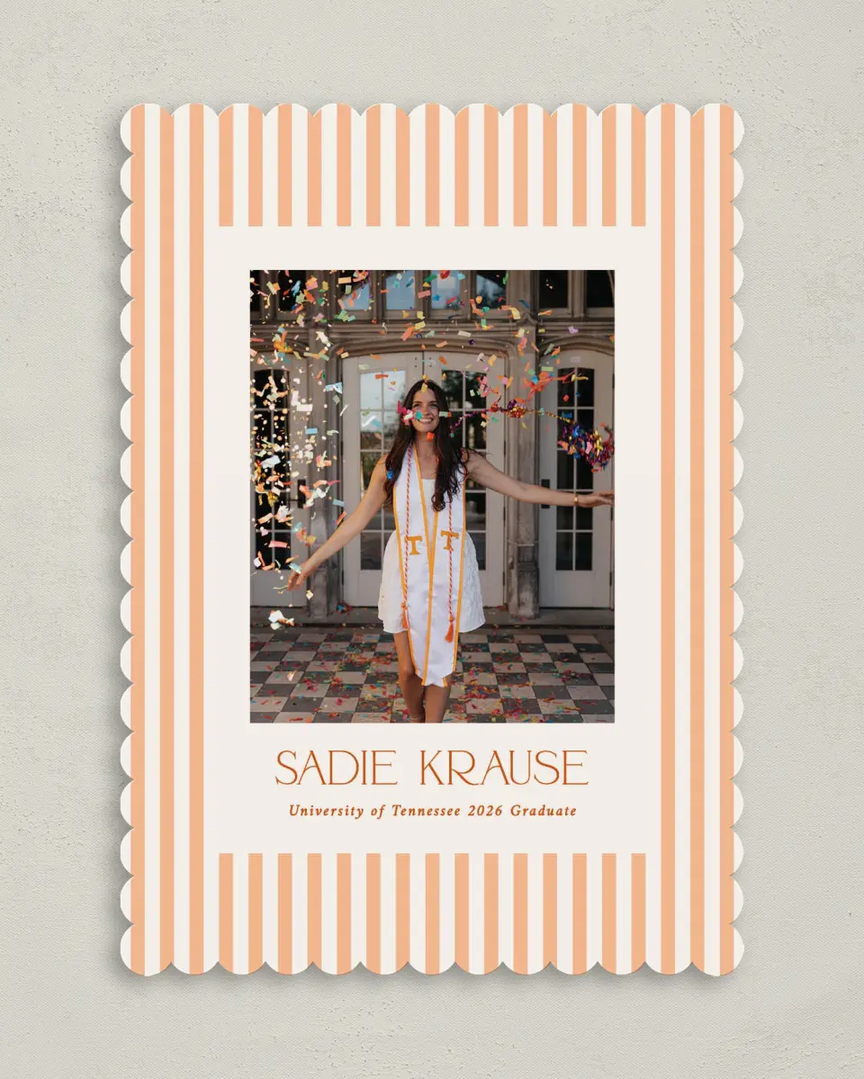 This is a 5" x 7" Graduation Announcement Card called Senior Stripes printed in full color with Gold foil on Premium Smooth paper