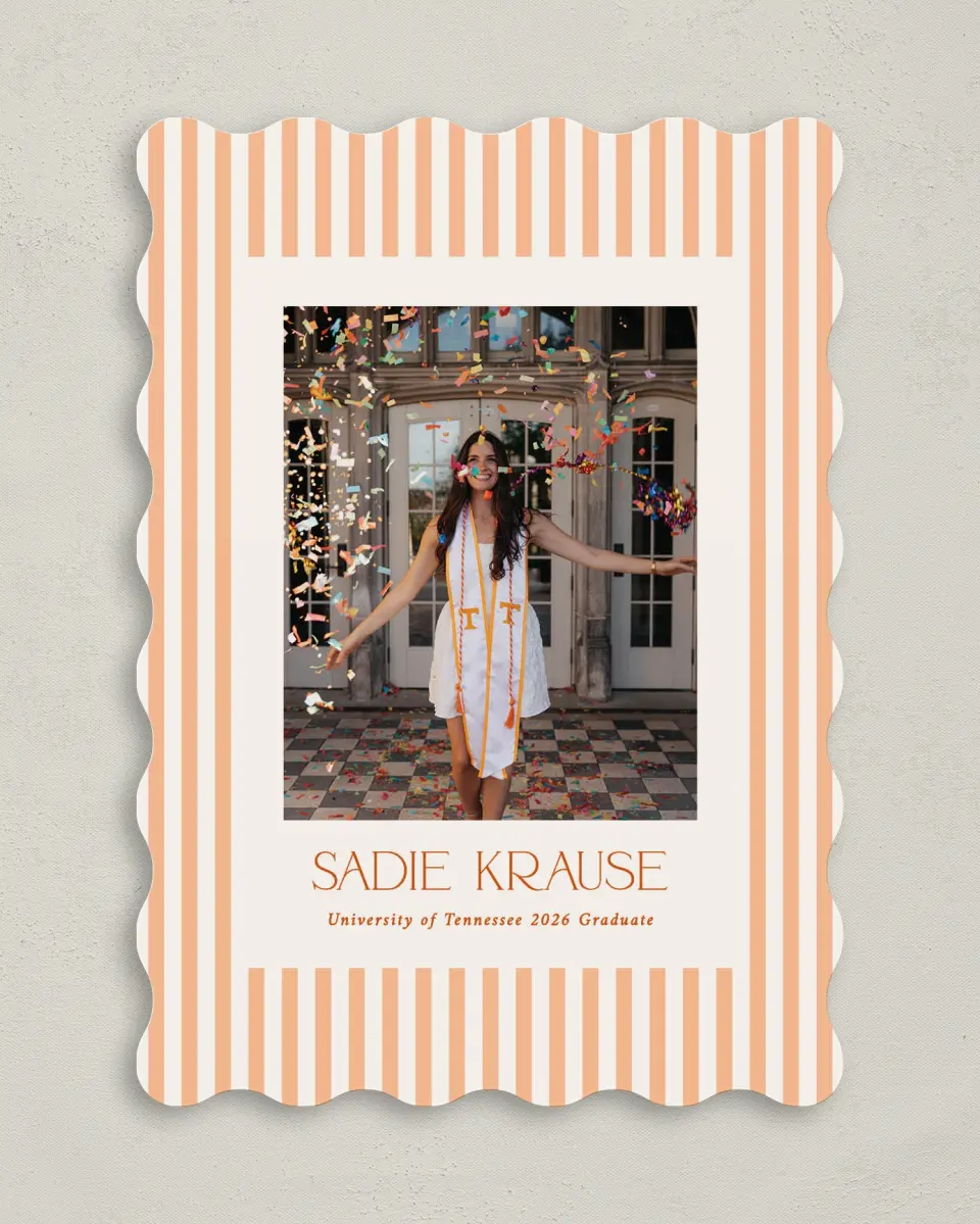 This is a 5" x 7" Graduation Announcement Card called Senior Stripes printed in full color with Gold foil on Premium Smooth paper