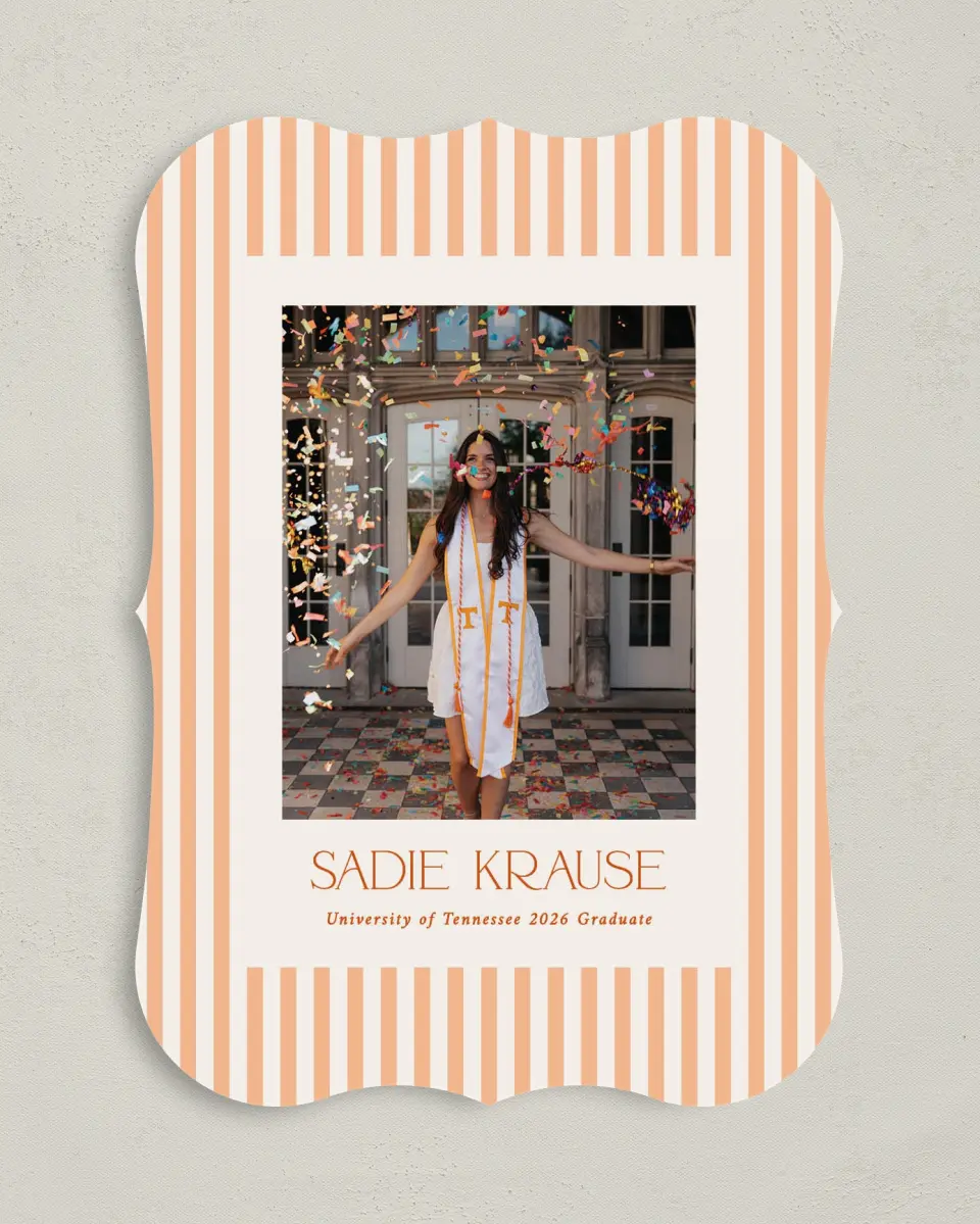 This is a 5" x 7" Graduation Announcement Card called Senior Stripes printed in full color with Gold foil on Premium Smooth paper