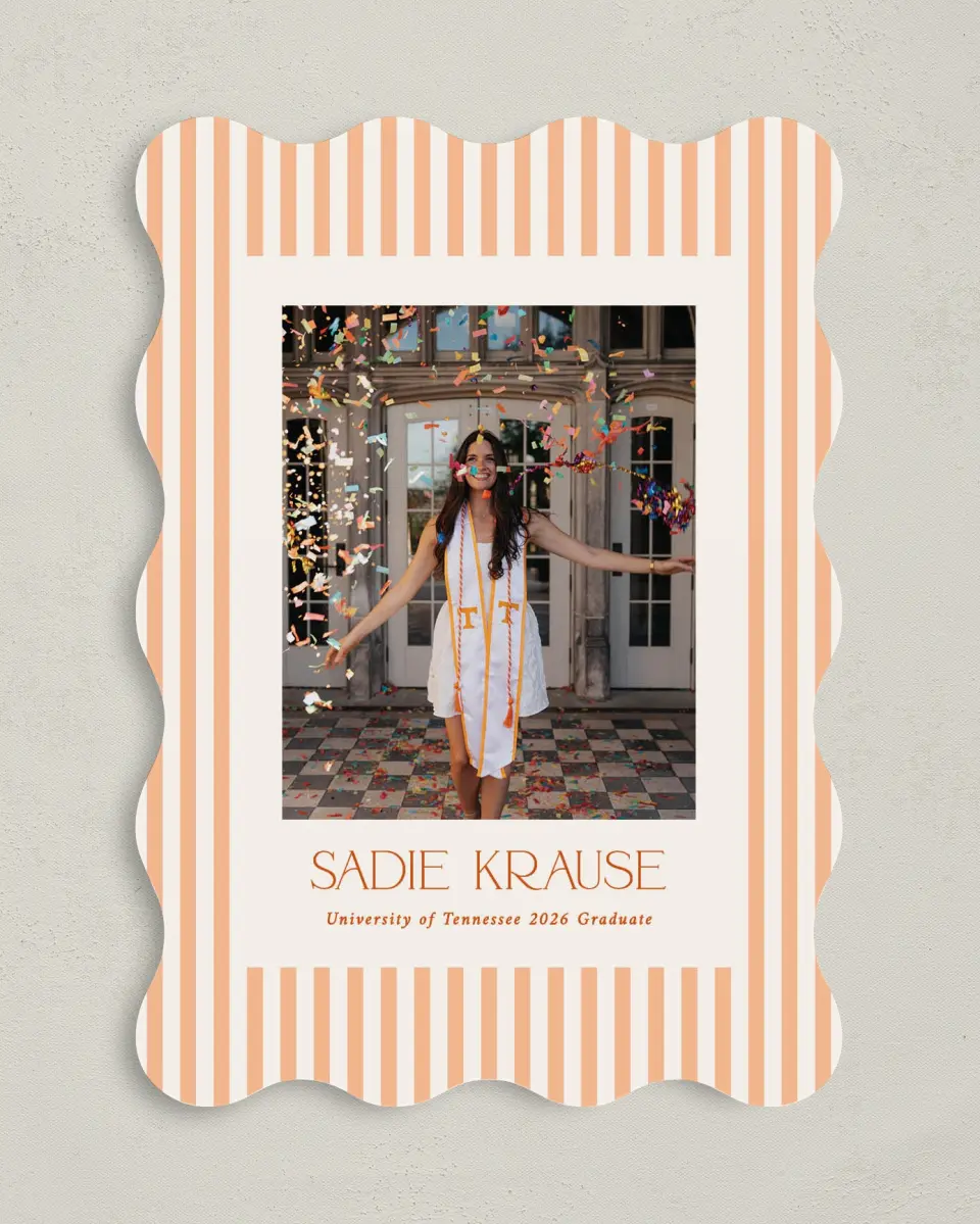 This is a 5" x 7" Graduation Announcement Card called Senior Stripes printed in full color with Gold foil on Premium Smooth paper