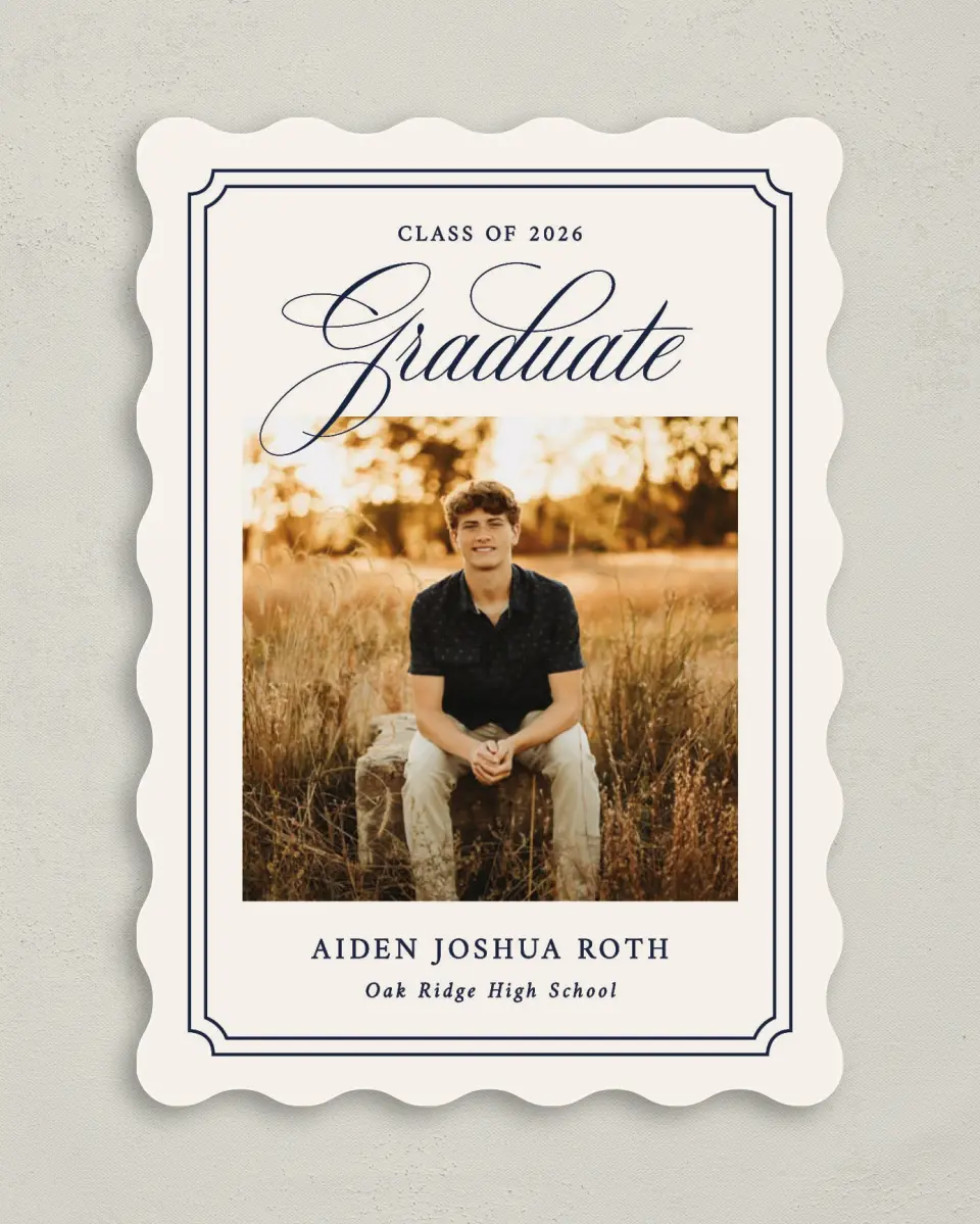 This is a 5" x 7" Graduation Announcement Card called Formal Frame printed in full color with Gold foil on Premium Smooth paper