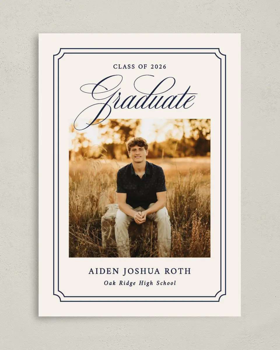 This is a 5" x 7" Graduation Announcement Card called Formal Frame printed in full color with Gold foil on Premium Smooth paper