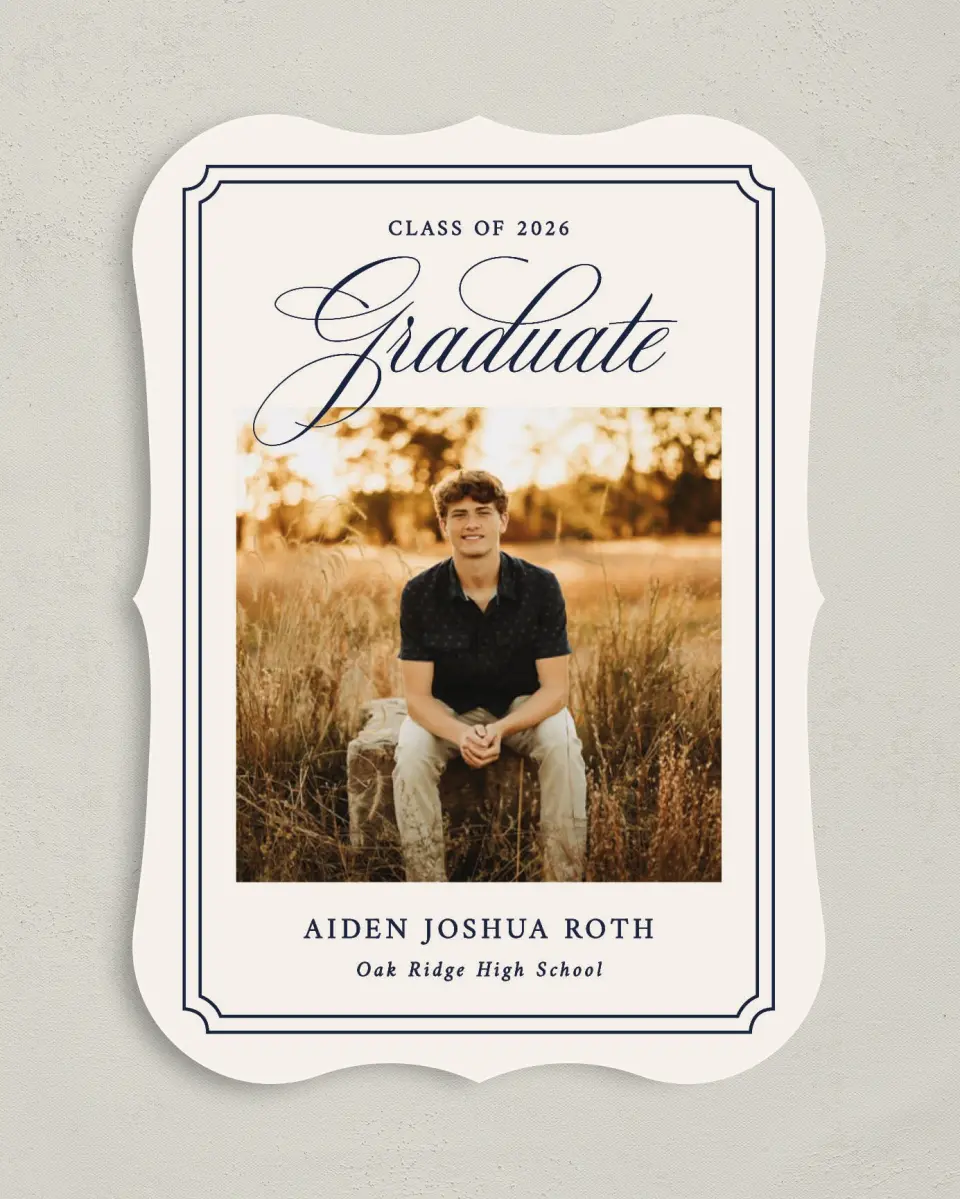 This is a 5" x 7" Graduation Announcement Card called Formal Frame printed in full color with Gold foil on Premium Smooth paper